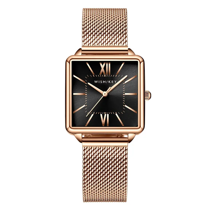 Women's Square Black Sunburst Watch | Rose Gold Mesh Band
