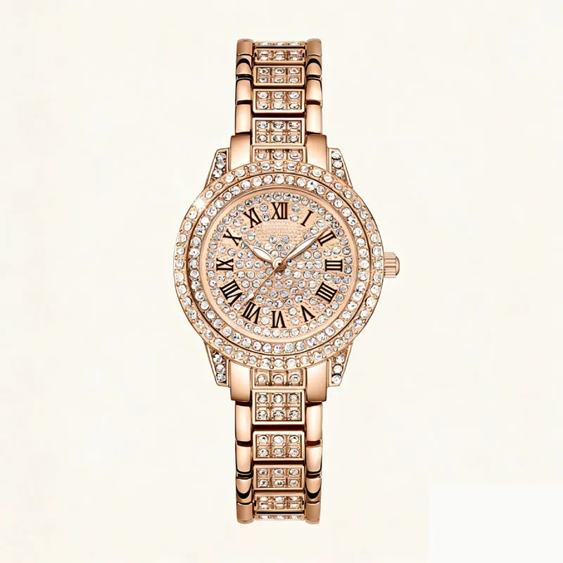Women's Rose Gold Crystal Roman Watch | Pavé Bracelet