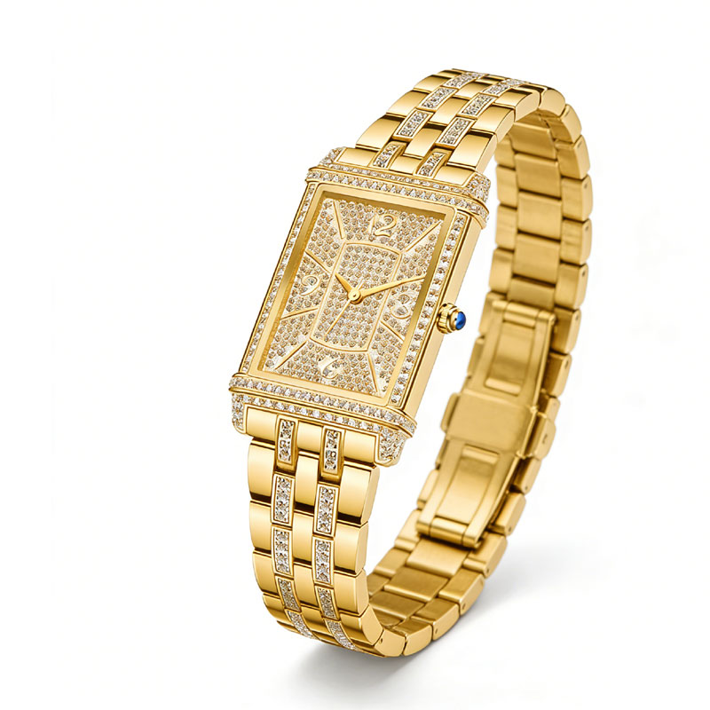 Women's Rectangular Gold Crystal Pavé Watch | Blue Crown