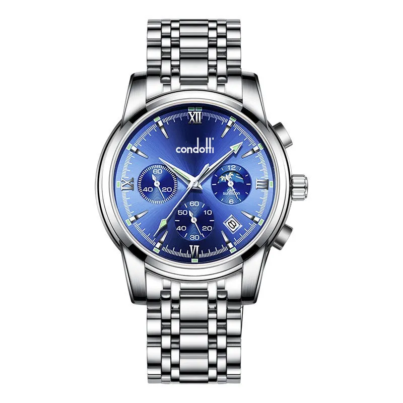 Blue Dial MultiFunction Men's Watch Solid Stainless Steel Band