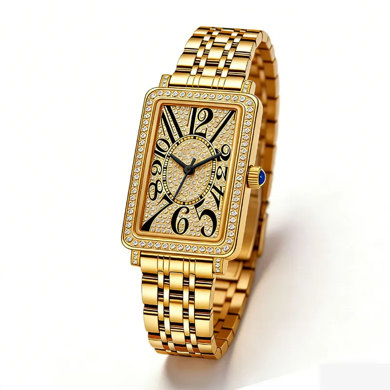Women's Square Gold Crystal Quilted Watch | Roman Bracelet