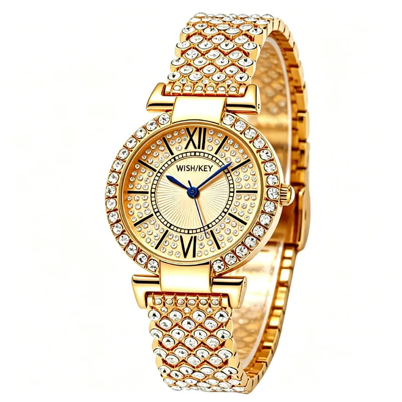 Women's Round Gold Crystal Bezel Roman Watch | Date Bracelet
